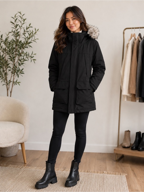 Quince Jackets & Blazers - Quince Women’s Black Parka Jacket with Faux Fur Hood